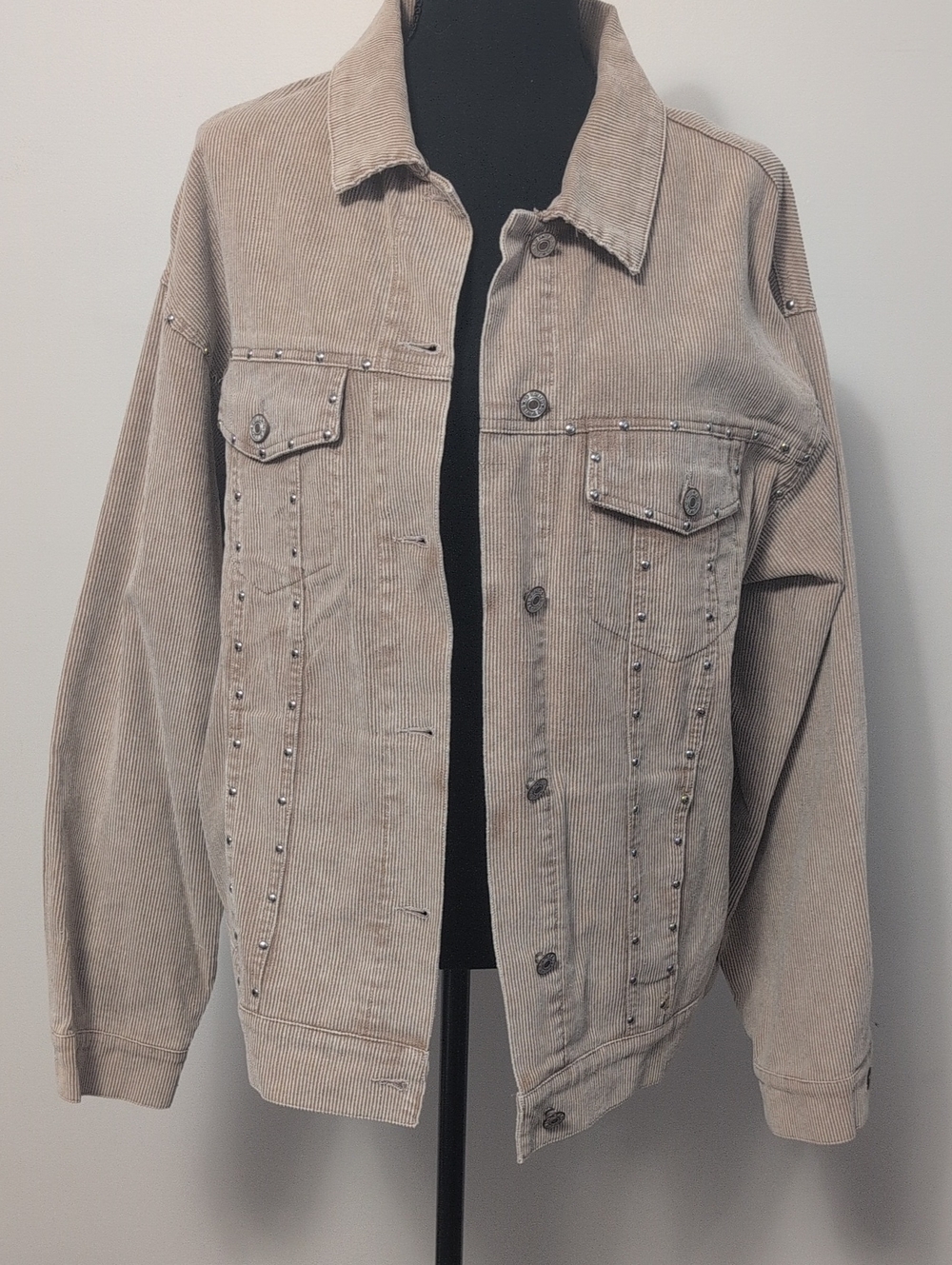 Taupe Corduroy Studded Trucker Jacket